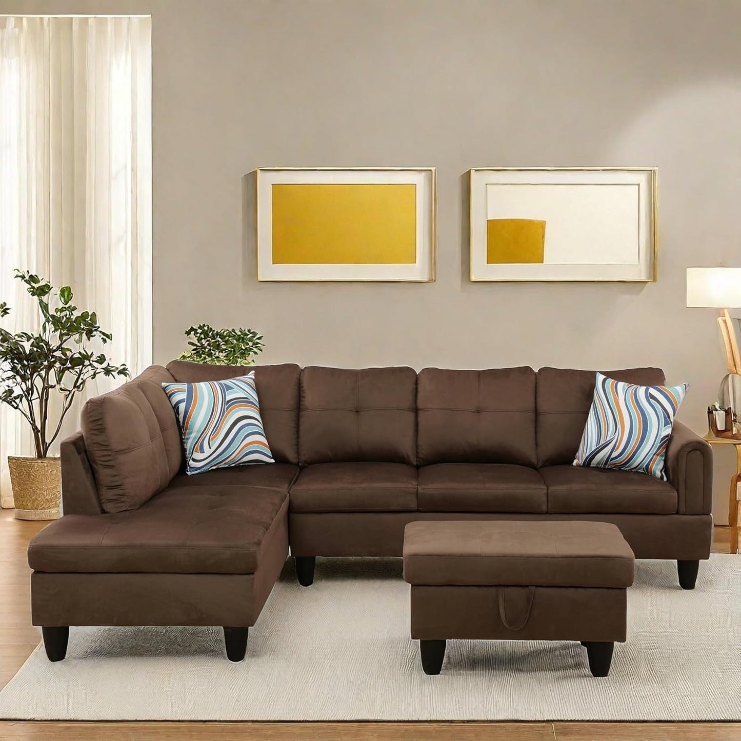 NAYSAYE Sectional Couch with Ottoman Storage, L Shaped Couch Sofa Furniture Sets, Modern Comfy Modular Comfy Sofa for Living Room Bedroom, Office and Apartment, Chocolate