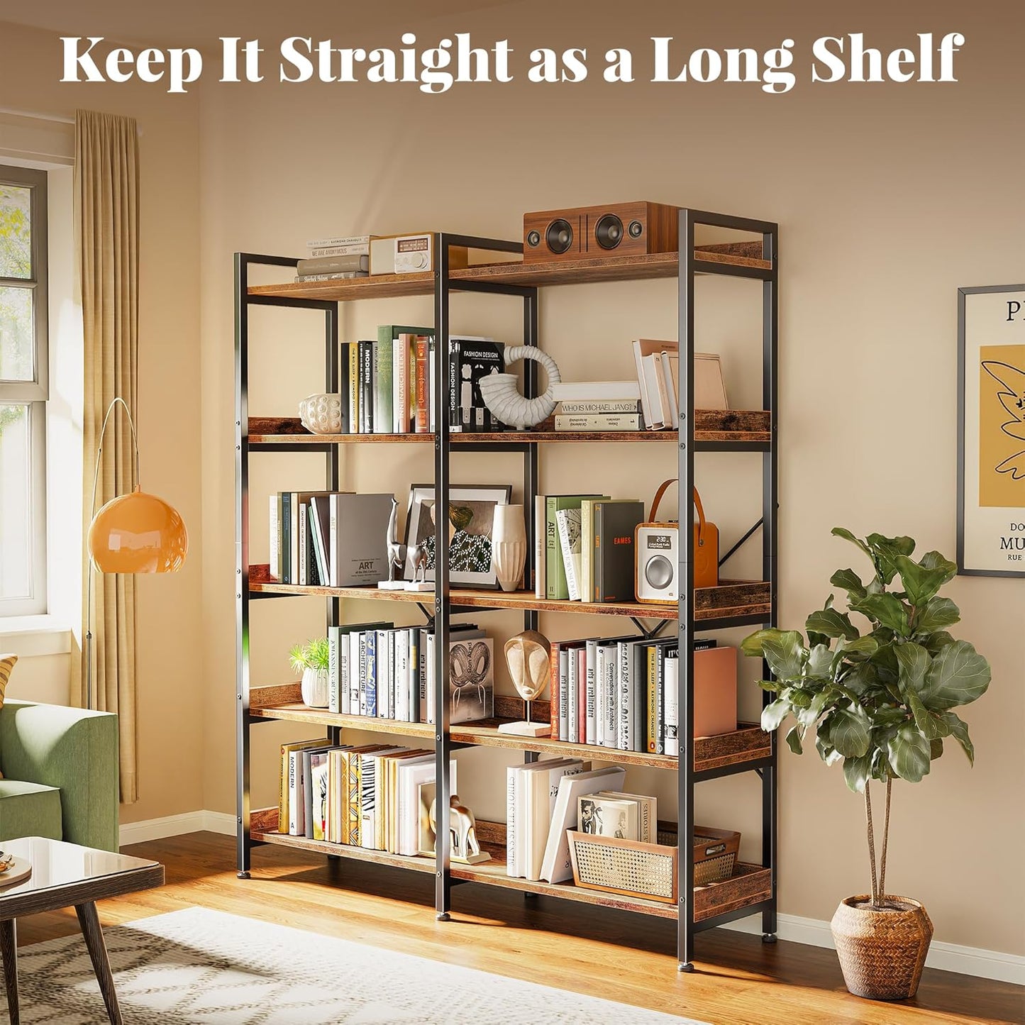 Huuger 5 Tier Bookshelf, Display Bookshelf with 10 Open Shelves and Raised Baffle, 47.2 Inch Straight Wide Bookcase with Metal Frame and Wooden Board, Adjustable Feet, Rustic Brown