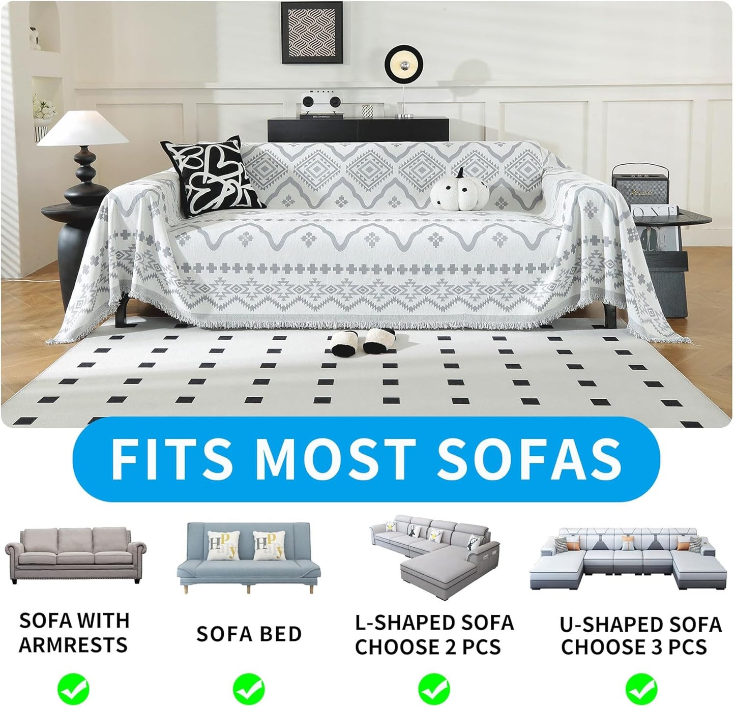 LUFEIJIASHI Boho Couch Covers for Sofa Non Slip Sofa Covers Washable Couch Covers for 3 Cushion Couch Sofa Pet Friendly Sectional Couch Cover Blanket Furniture Protector for Dogs (Grey, 91"x150")