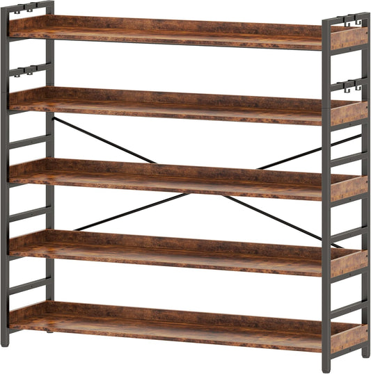 HCHQHS 5 Tier Bookshelf, Adjustable Industrial Bookcase, Vertical Tall Book Shelf, Wood and Black Metal Open Bookshelves for Home Office, Living Room, Bedroom