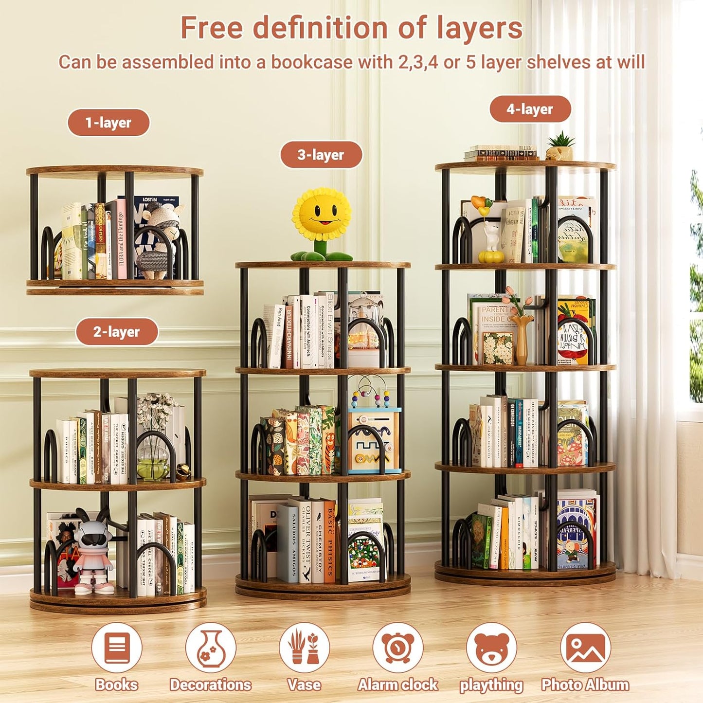 Aheaplus 4 Tier Rotating Bookshelf Tower, 360 Display Spinning Bookcase, Revolving Round Book Shelf Narrow Swivel Bookshelf, Vertical Turning Corner Book Organizer for Small Space, Rustic Brown