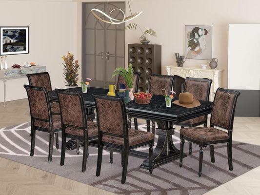 NKCY9-SBB-33 9-Piece Kitchen Table Set Includes a Dining Table and 8 Brown Textured Polyester Fabric Dinner Chairs with High Back, 44x100 Inch, Sand Blasting Black