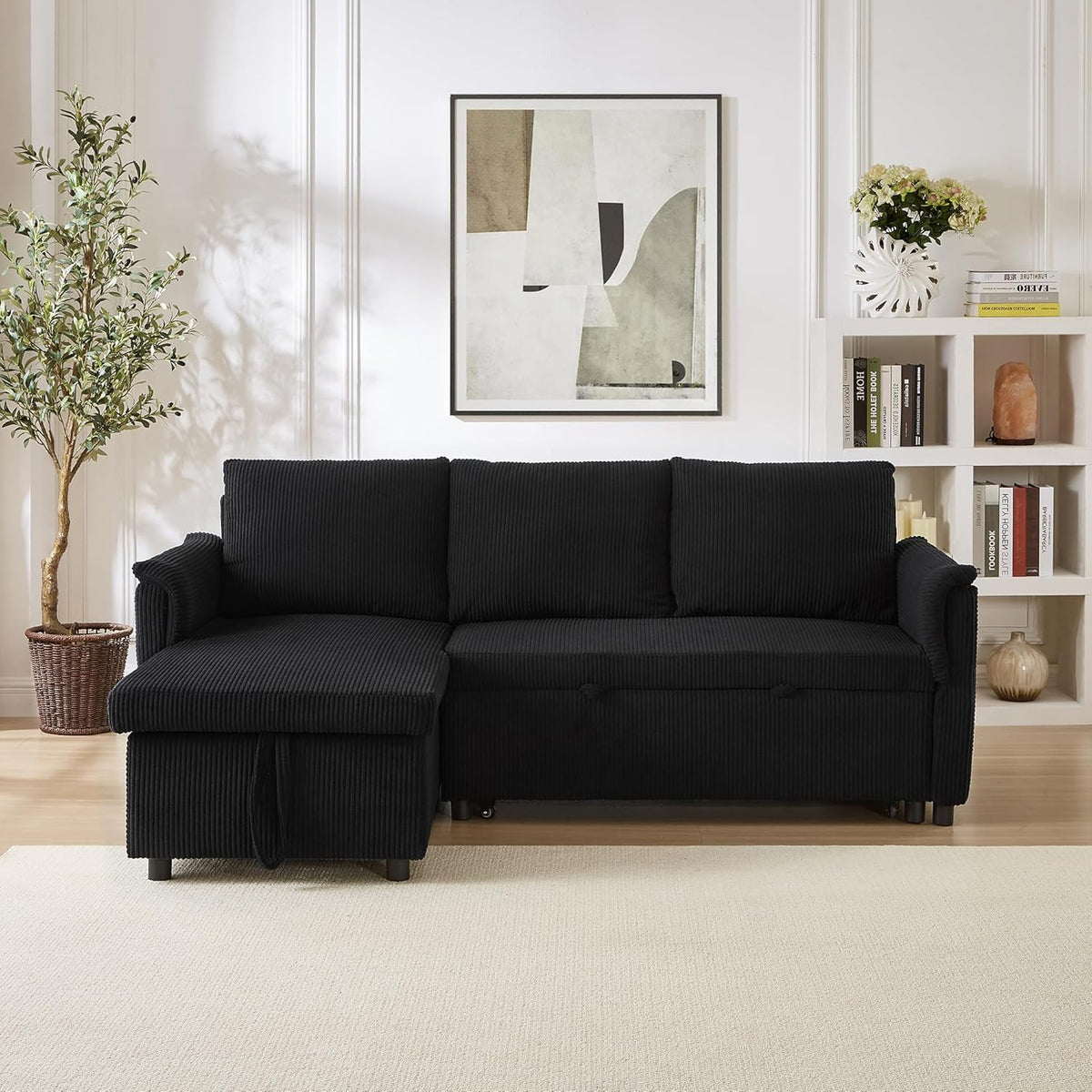 Ball & Cast L-Shape Reversible Sectional Sleeper Sofa Bed 4 in 1 Pull Out Couch with Storage Chaise&Removable Backrest,Convertible Sleeper Corner Couch Pull-Out Sofa Bed for Living Room,Corduroy,Black