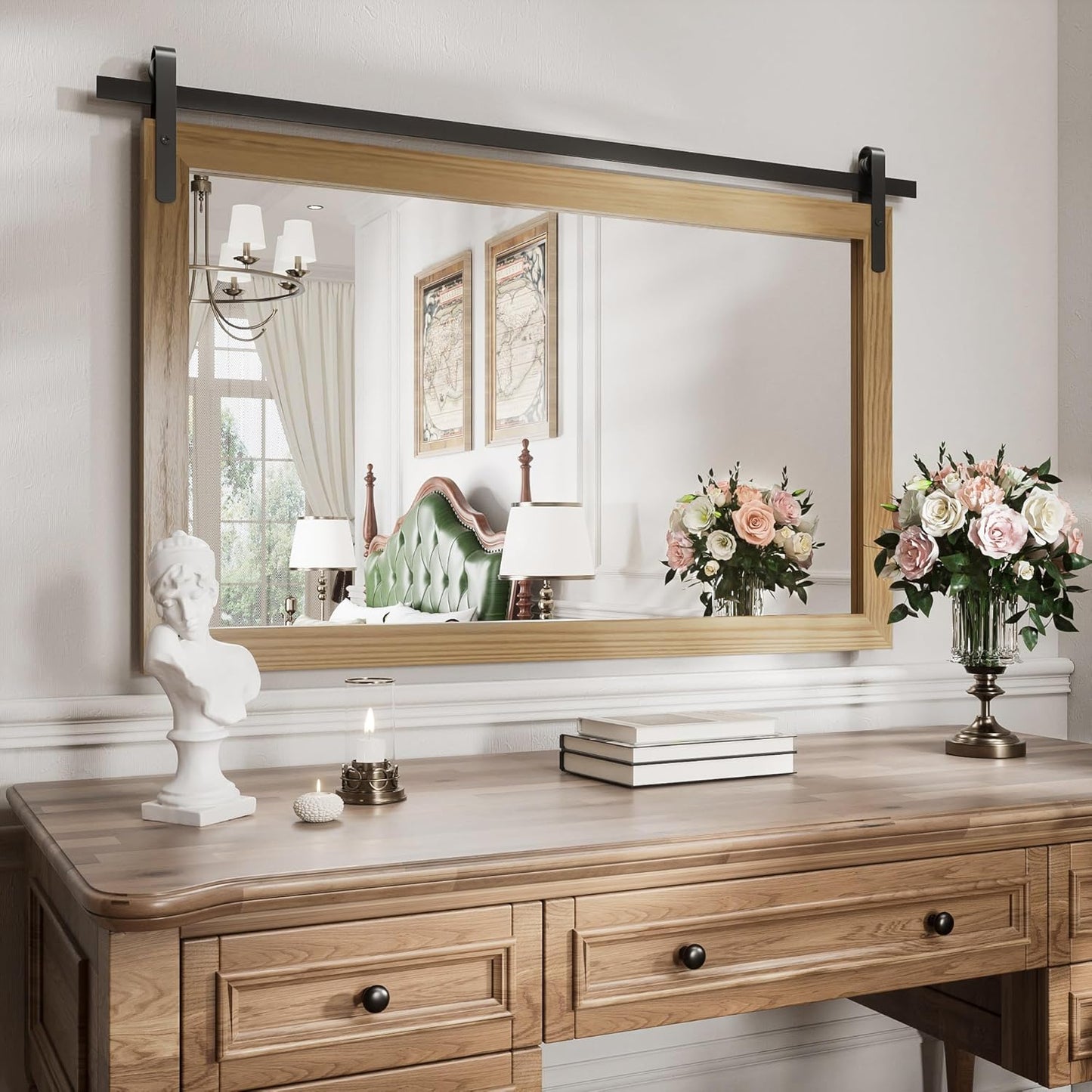 Brown Farmhouse Mirror for Wall, 40x26INCH Large Wood Framed Square Bathroom Mirrors for Vanity, Barn Door Style Mirrors Wall Mounted Dresser Decor Mirror Living Room Bedroom Horizontal