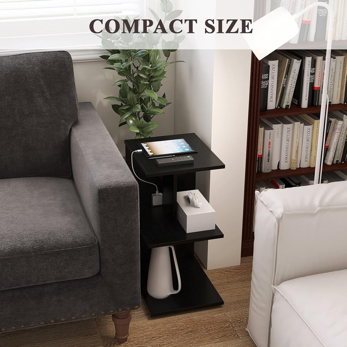 ZGREN End Table with Charging Station, Narrow Side Tables for Small Spaces USB Ports and Outlets Rolling Bedside Nightstand Sofa Couch Slim Shelf Night Stand Living Room, Bedroom, Black