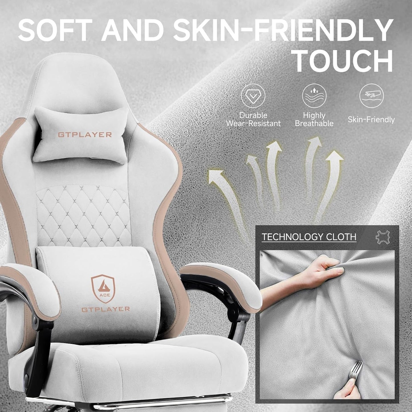 GTPLAYER Office Chair, Gaming Computer Desk Fabric Chair with Footrest, High Back Ergonomic Office Chair with Pocket Spring Lumbar Support and Linkage Armrests Adjustable Height Swivel for Home Task