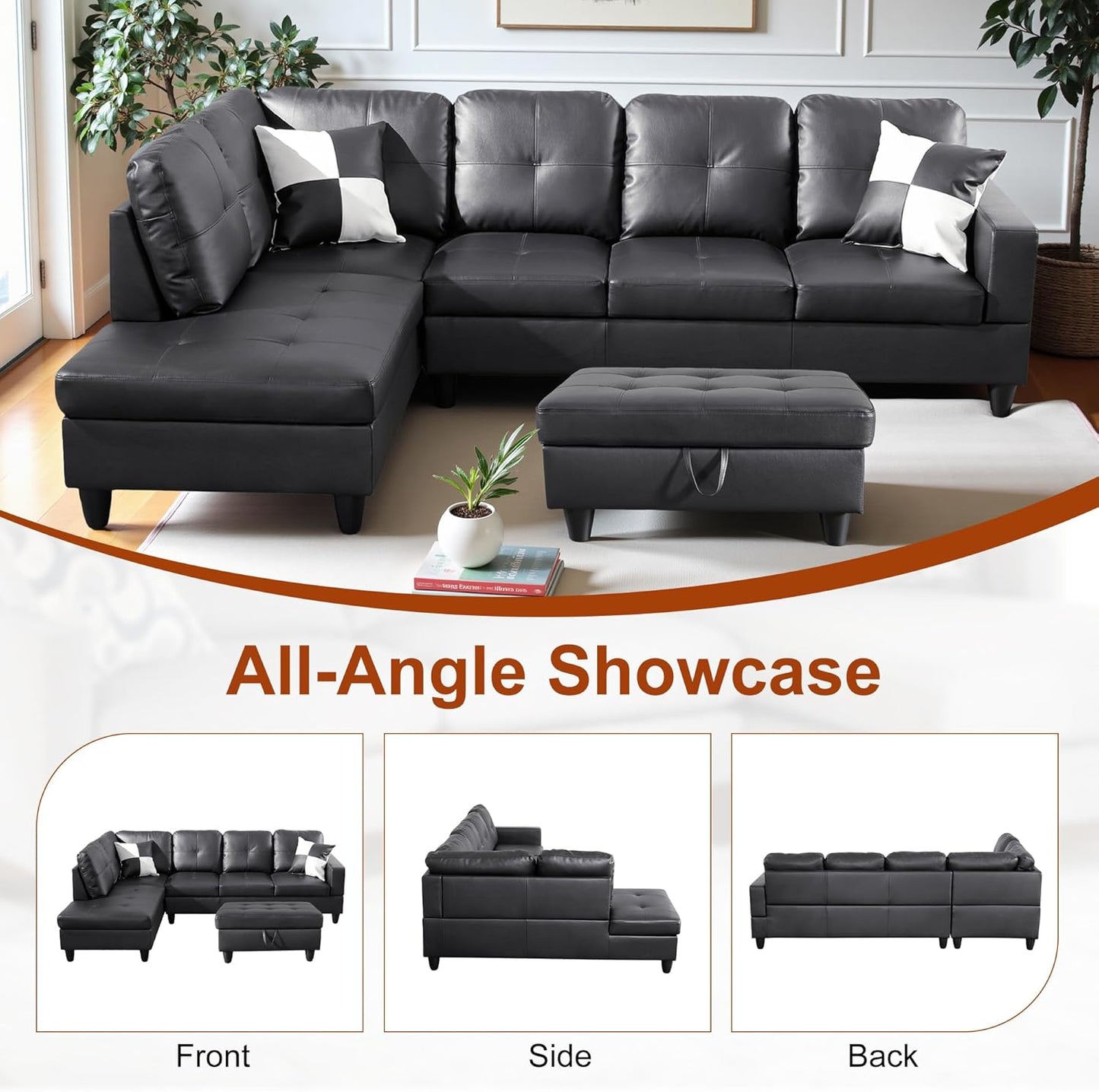 Osparple L Shaped Couch Faux Leather Sectional Couches for Living Room Upholstered 3 Pieces Modular Sectional Sofa with Chaise, Ottoman with Storage for Living Room and Small Apartment, Black