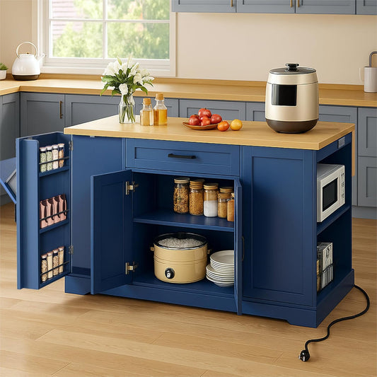 YITAHOME 50" Kitchen Island with Power Outlet & Drop Leaf, Rolling Island Cart with Trash Can Cabinet, Mobile Storage Islands with Microwave Rack, Door Storage Spice Rack, Navy Blue