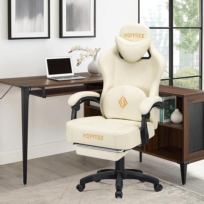 HOFFREE Gaming Chair with Speakers Massage Computer Gaming Chair with Pocket Spring Cushion for Adults Reclining Gamer Chair with Bluetooth Video Game Chairs with Footrest Ivory