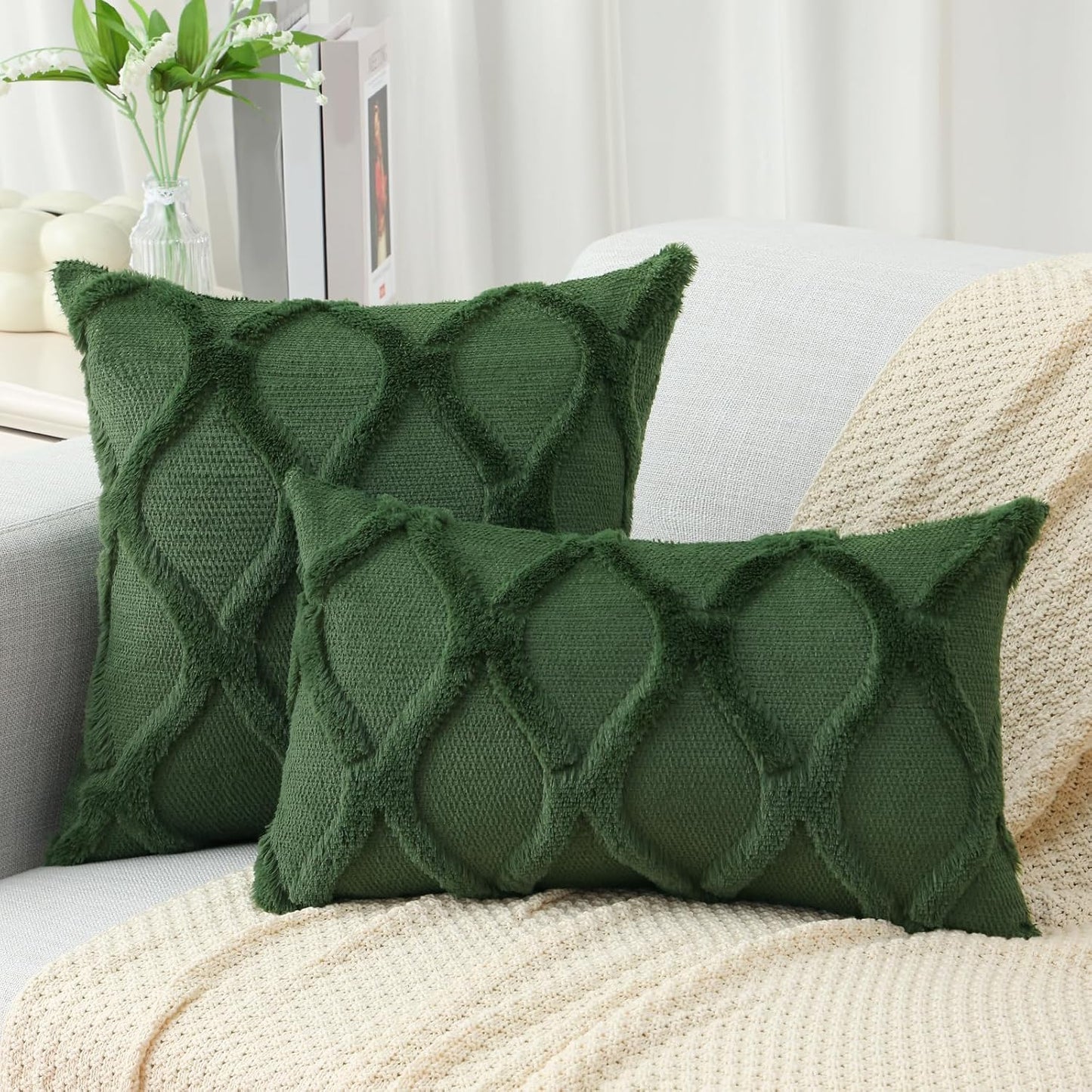 decorUhome Throw Pillow Covers 12x20 Inch Set of 2, Soft Plush Faux Fur Wool Lumbar Forest Elf Couch Pillow Covers, Decorative Neutral Pillow Cases for Bed Sofa Living Room Home Decor