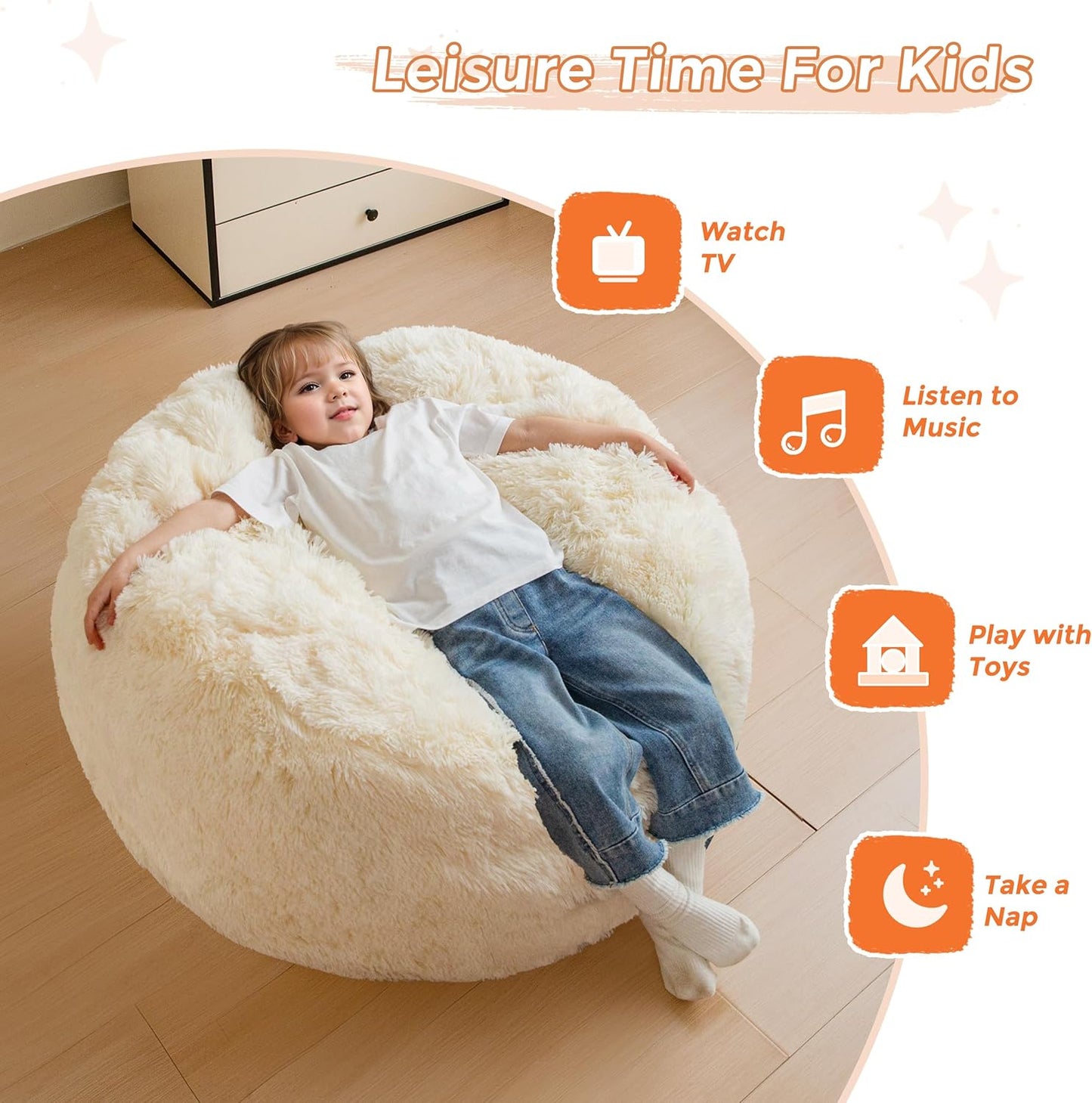 MAXYOYO Kids Bean Bag Chair, Stuffed Faux Fur Bean Bag for Toddler, Ultra Soft Floor Sofa with High-Density Foam Filling, Lazy Chair for Living Room, Playroom, Nursery Room