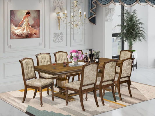 LKMA9-AWA-36 9 Pieces Dining Table Set Includes a Rectangular Dining Table and 8 Light Beige Polyester Fabric Dining Room Chairs, Antique Walnut Finish