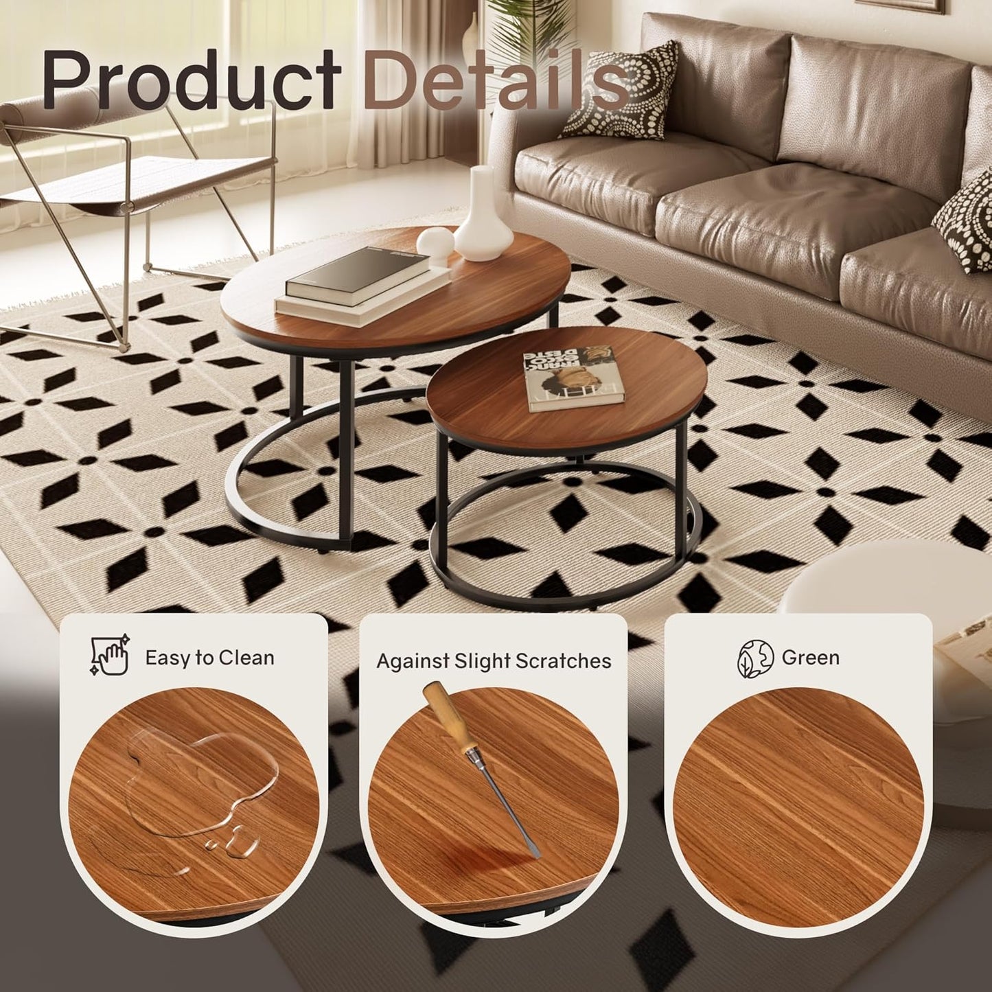 Nesting Tables Set of 2, 31.5" Round Coffee Table, Small Nesting Coffee Table with Adjustable Non-Slip Fee, Wood Grain Top Nesting Tables for Living Room, Bedroom (Wood Grain Brown)