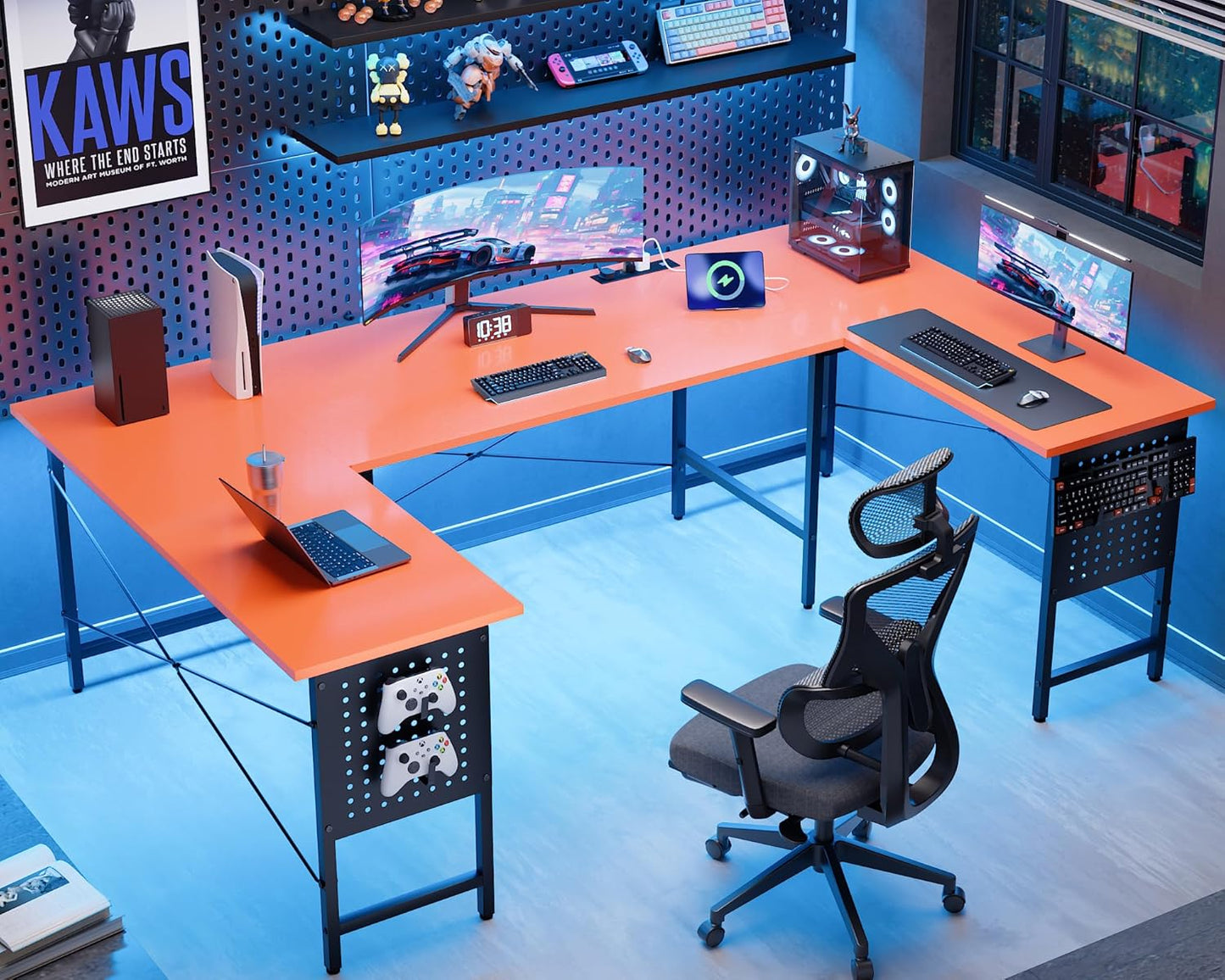 Pamray 71 Inch Large Computer Desk with Power Outlets,U Shaped Corner Desk for Home Office Work and Gaming Orange