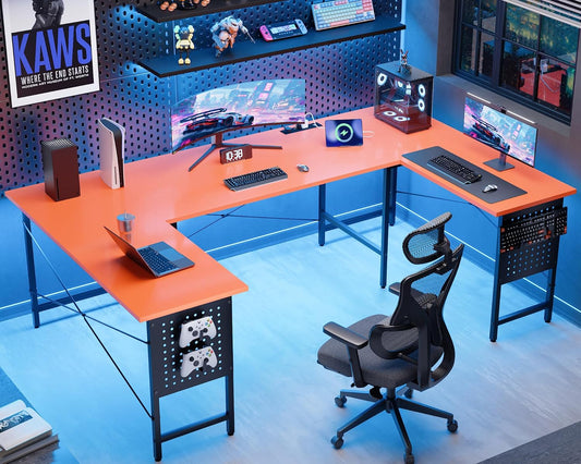 Pamray 71 Inch Large Computer Desk with Power Outlets,U Shaped Corner Desk for Home Office Work and Gaming Orange