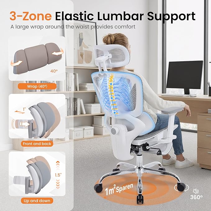 LuxErgo Ergonomic Mesh Office Chair High Back Mesh Computer Executive Desk Chair Home Office Chair with Adjustable Lumbar Support for Office/Gaming/Study, Freely Tilt Lock, Flip-Up Headrest & Armrests