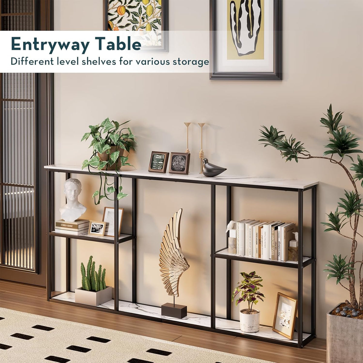 WOHOMO Console Table,Small Modern Entryway Table for Entry,3-Tier Long Sofa Table Behind Couch for Living Room,Entrance,White Marble(63 inch)
