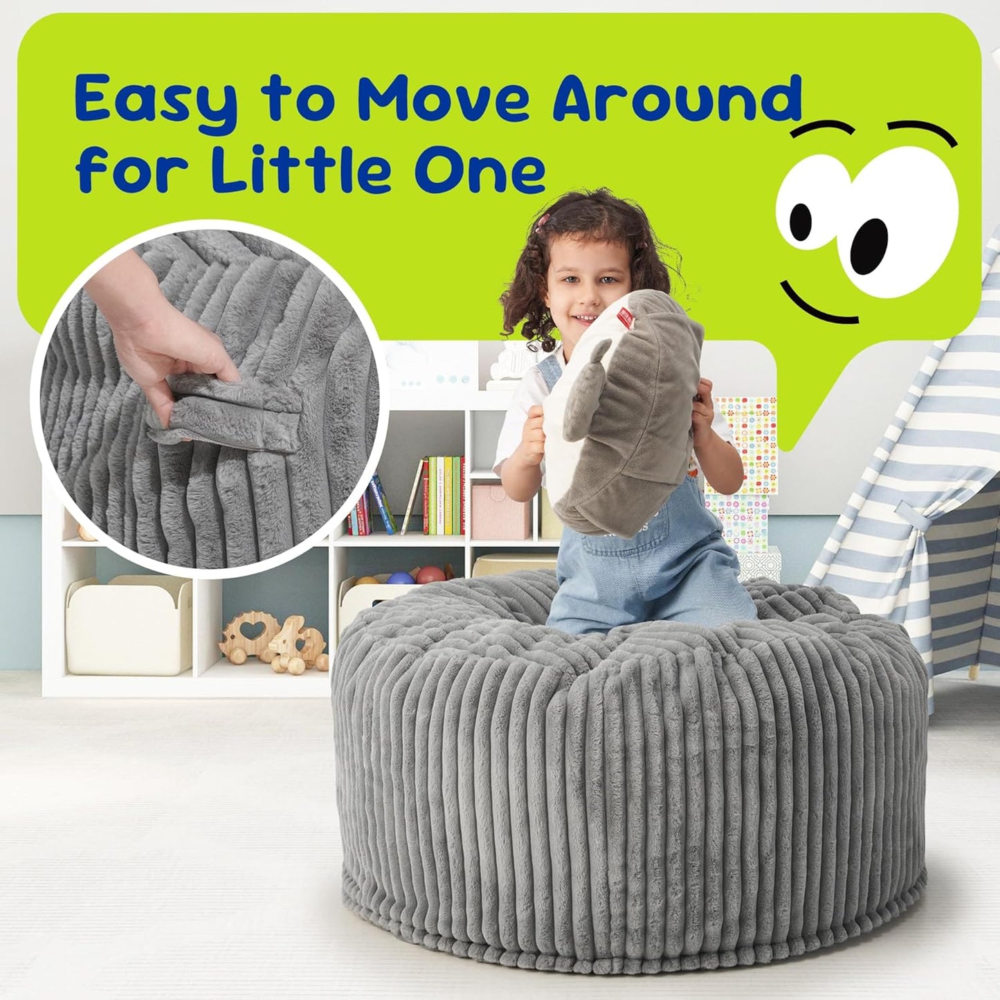 Hobestluk Bean Bag Chairs 2.5FT Bean Bag Chair with Memory Foam Filled & Stripe Plush Cover Bean Bag Chairs for Playroom, Living Room, Bedroom(Grey)