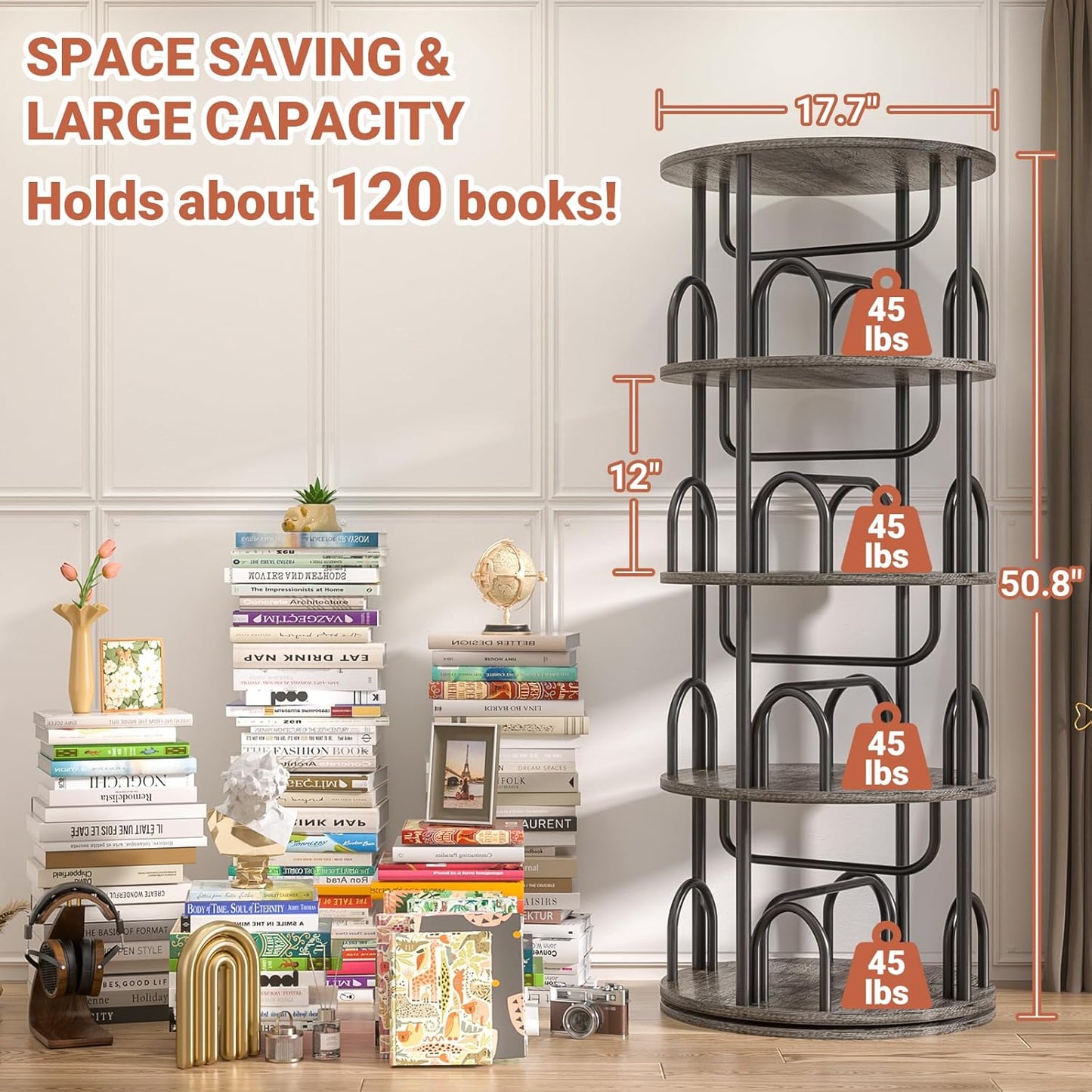 Aheaplus 4 Tier Rotating Bookshelf Tower, 360 Display Spinning Bookcase, Revolving Round Book Shelf Narrow Swivel Bookshelf, Vertical Turning Corner Book Organizer for Small Space, Black Oak