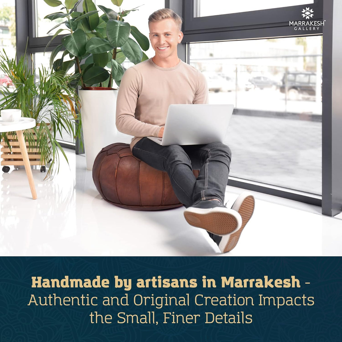 Marrakesh Gallery Genuine Leather Round Pouf Unstuffed - Moroccan Ottoman Footstool, Footrest Cover - Boho Decor - Bohemian Living Room, Bedroom, Kids Room, Gift & Wedding