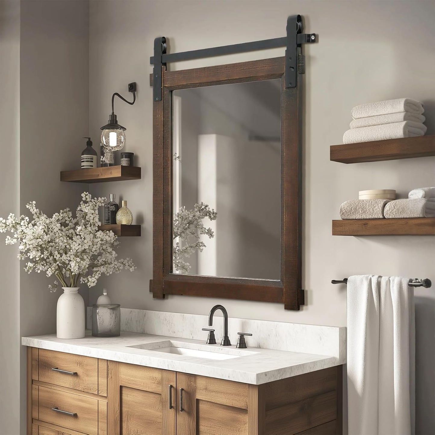 Farmhouse Barn Door Mirror: 22"x30" Black Rustic Wood Frame Mirror for Wall - Home Decor for Entryway/Bathroom/Living Room