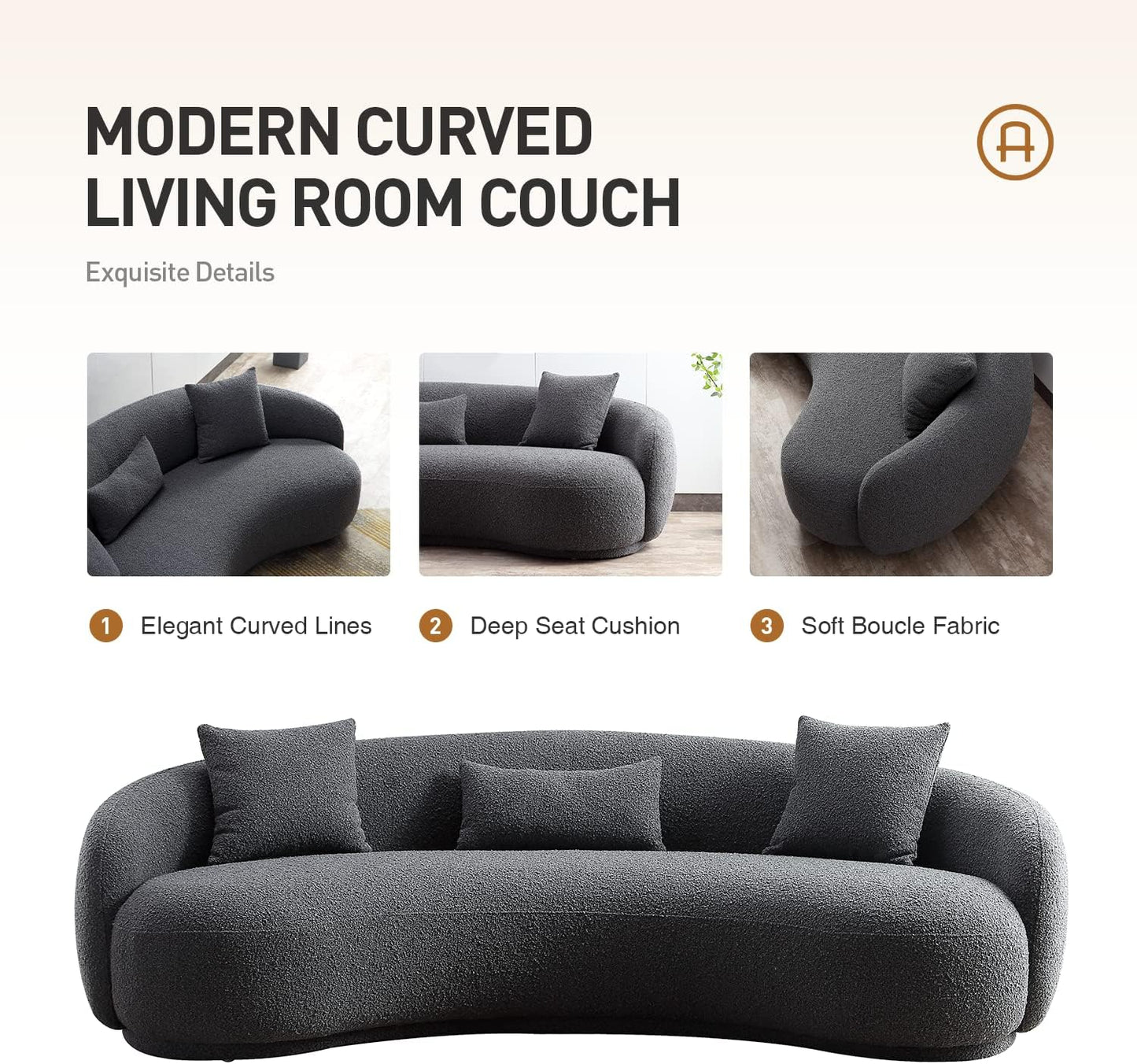 Acanva Mid Century Modern Curved Living Room Sofa, 4-Seat Boucle Fabric Couch for Bedroom, Office, Apartment, Grey