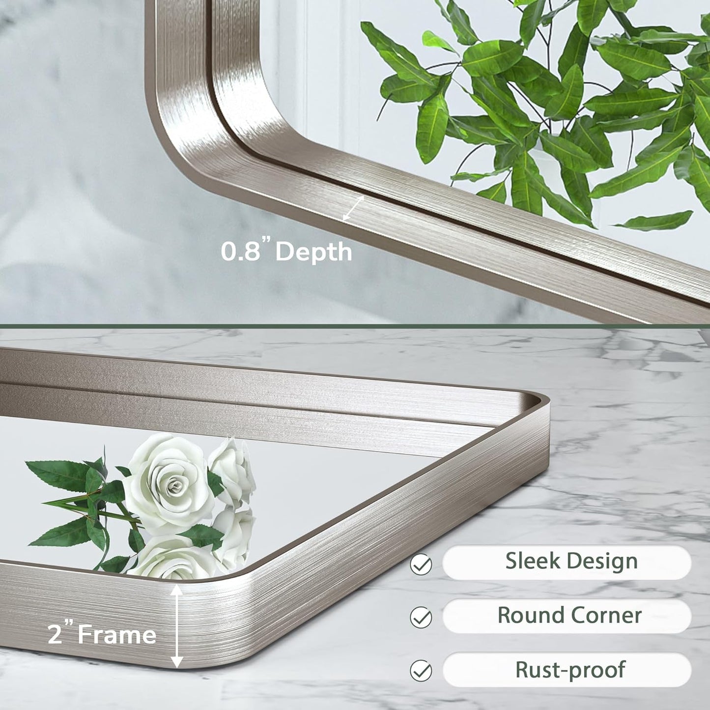 TokeShimi 48x30 Brushed Nickel Bathroom Wall Mirror Vanity Metal Frame Round Corner Rectangular for Home Decor Living Room Entryway