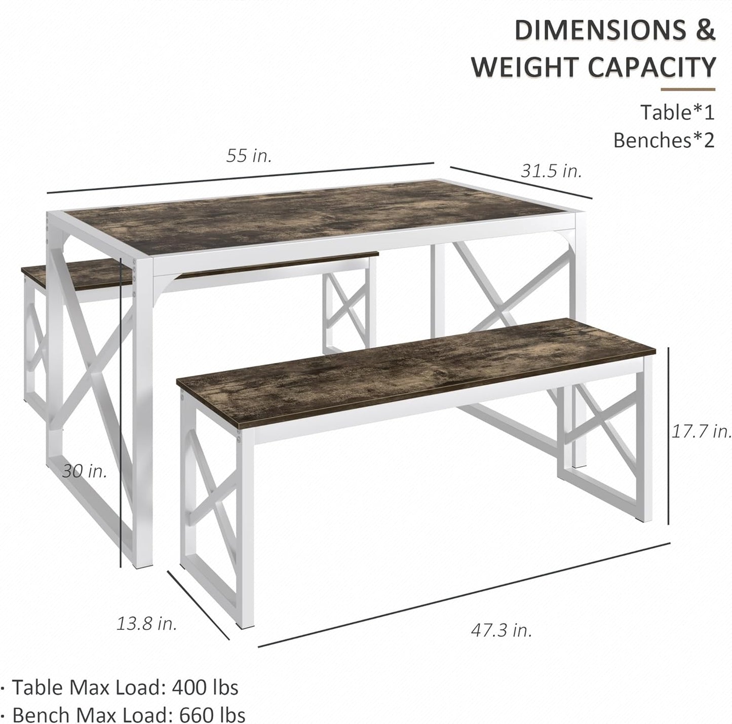 VECELO Kitchen Dining Table Set for 4 to 6, 55" Wood Dinette 2 Benches with Metal Frame for Dinner Breakfast Nook and Small Space, Dark Brown
