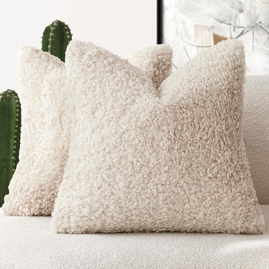 Foindtower 2 Pieces 26x26 Inch Neutral Cream, Faux Fur Throw Pillow Cover Accent Sherpa Pillow Fuzzy Soft Pillowcases Sheepskin Decorative Fleece Cushion Case for Bed Couch Living Room