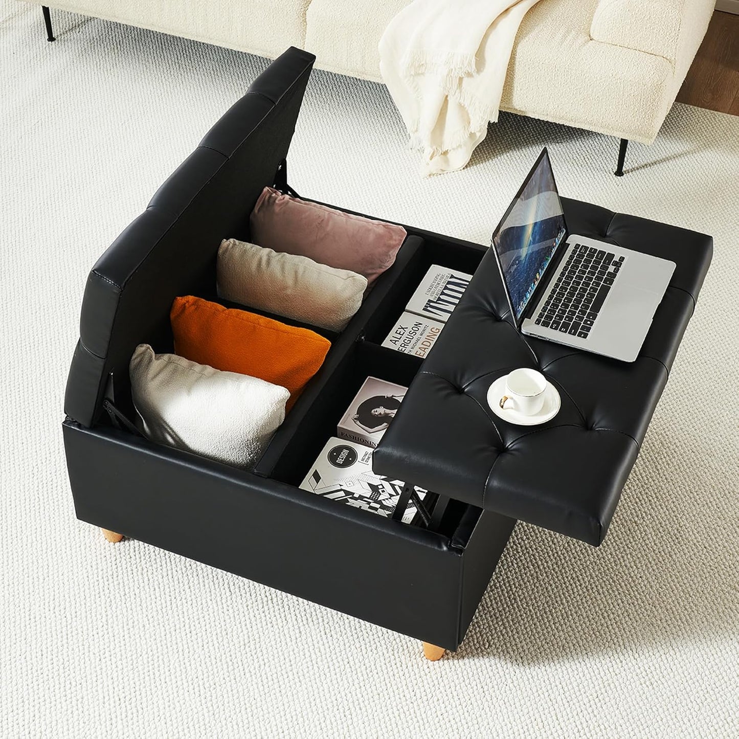 GAOMON Leather Storage Ottoman Coffee Table with Lift Top, Faux Leather Tufted Upholstered Ottoman with Storage, Large Square Storage Ottoman Bench for Bedroom Living Room(Leather, Black)