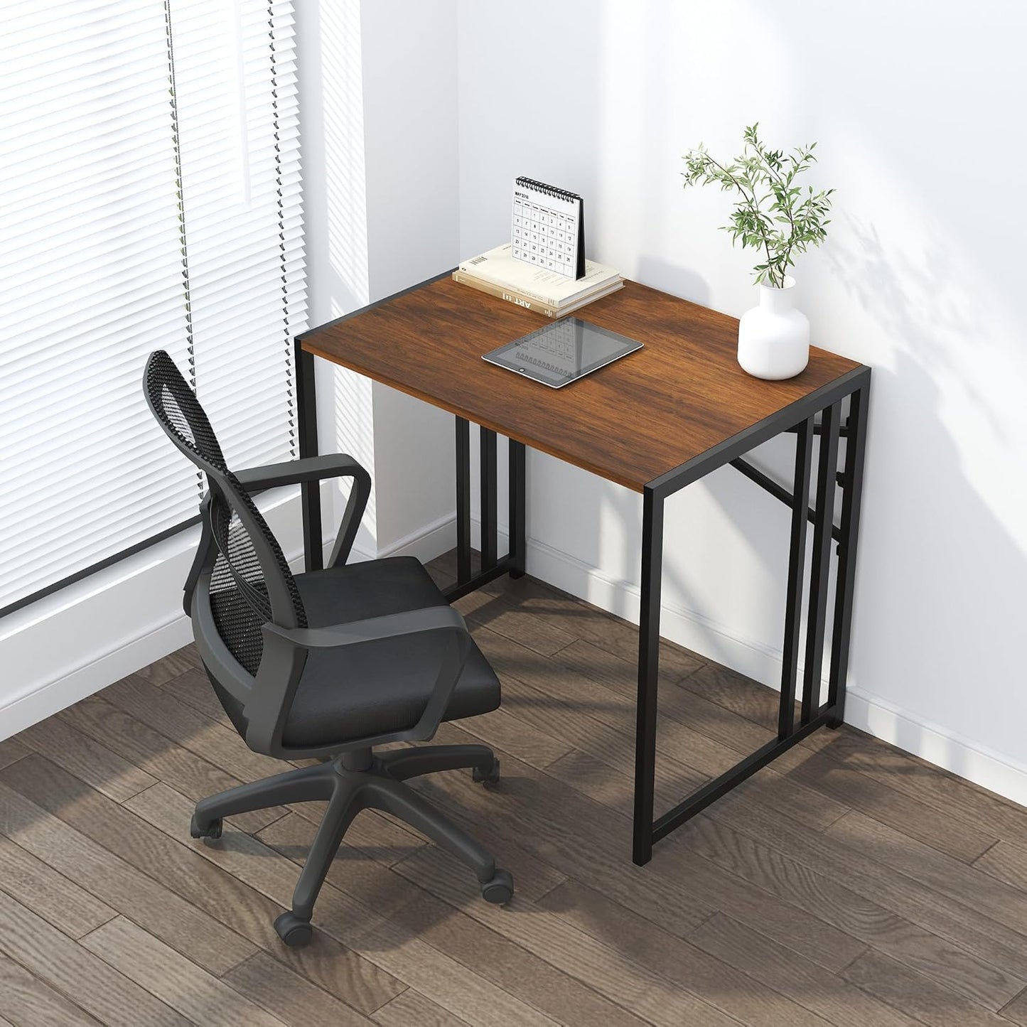 32 inch Folding Small Desk, Writing Gaming Computer Camping Desk for Small Spaces, No Assembly Required Home Office Desk, Mahogany