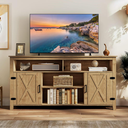 YITAHOME Television Stand for 65 Inch TV, Farmhouse TV Stand Entertainment Center with Storage and Barn Door, Media Console TV Cabinet for Living Room, 59 Inches, Barnwood