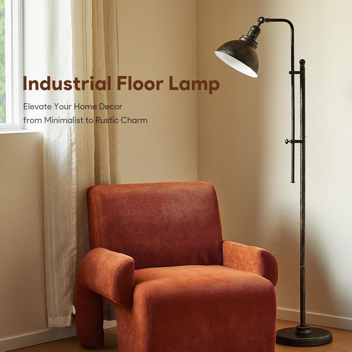 VONLUCE Floor Lamp for Living Room, 65'' Tall Industrial Floor Lamp, Adjustable Height & Head Vintage Metal Standing Reading Pole Lamp for Bedroom, Office, Farmhouse