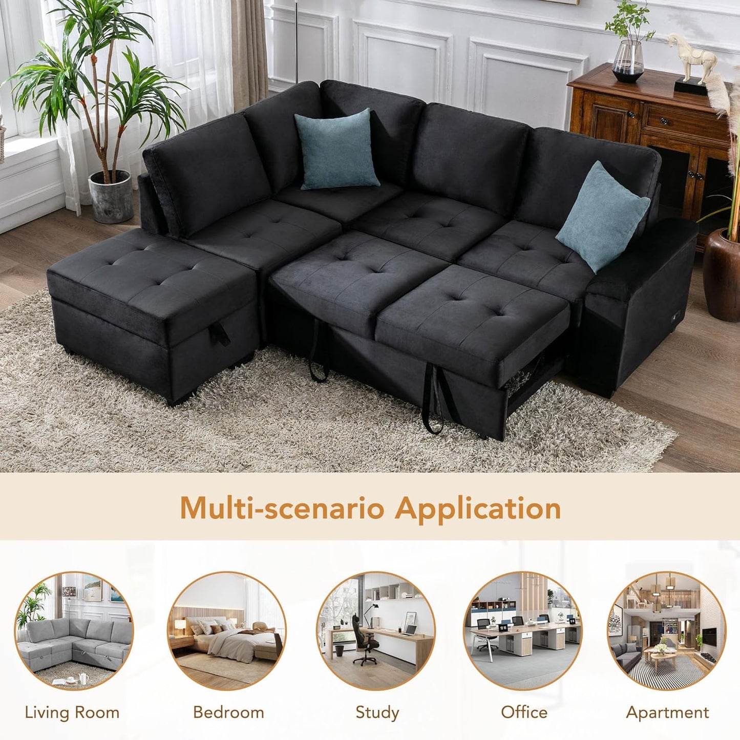 Ball & Cast Sleeper Sofa Bed L Shaped Couch with Storage Otooman and Cup Holder,L-Shaped Sectional Couch w/Hidden Arm Storage & USB Charge,4-Seater Sectional Sofa for Living Room,Apartment,Black