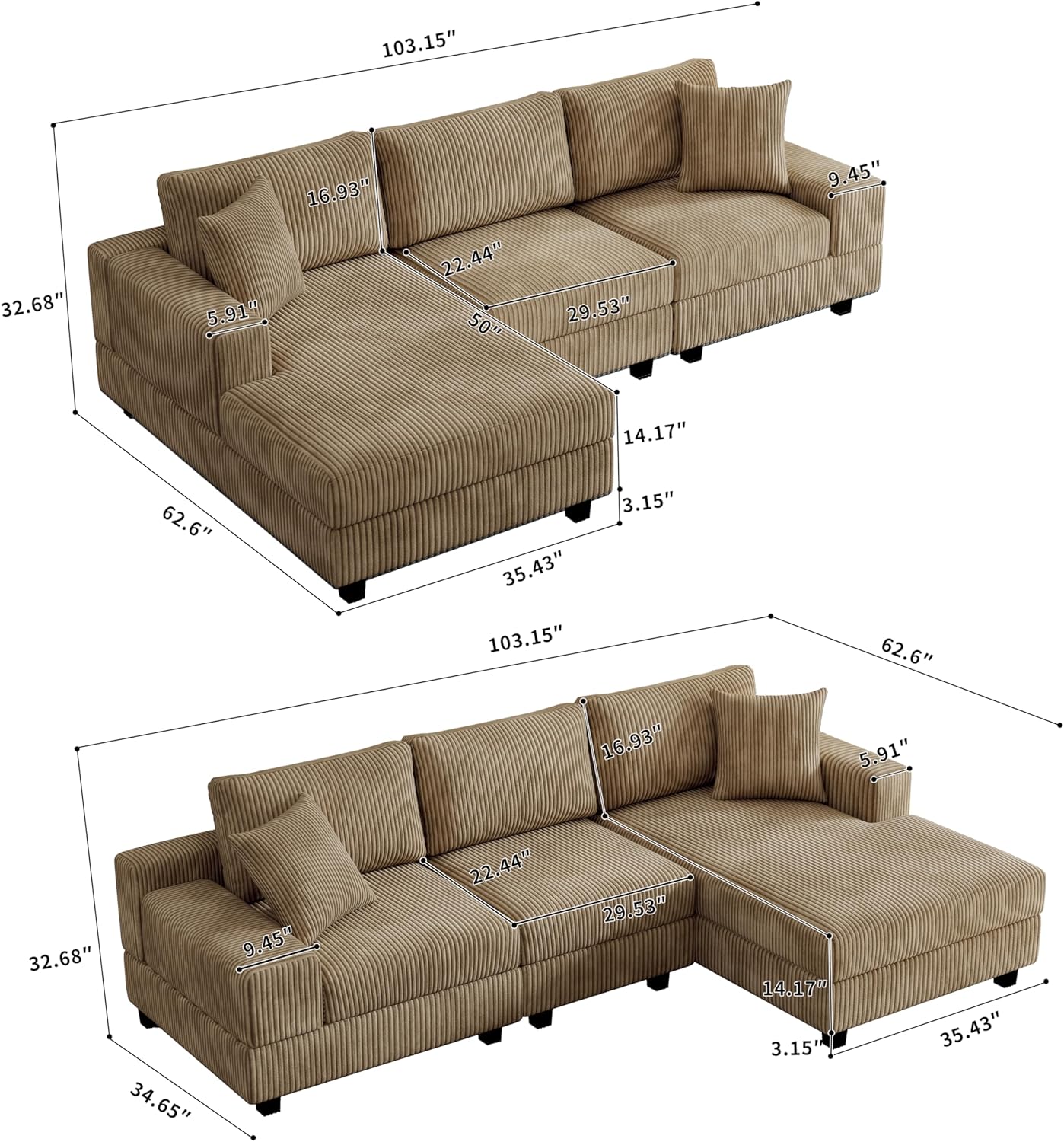 Eafurn Convertible L Shaped Modular Sectional Sofa Couch, 5 Seater Corduroy Upholstered Corner Sofa Lounge Couch with Extra Wide Reversible Chaise Lounge and Headrest for Living Room