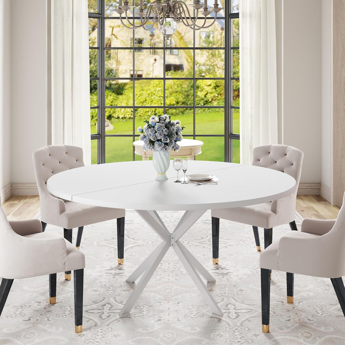 47.24" Round Dining Table, Modern Dining Room Table for 4-6 Person, Wood Round Kitchen Table with Metal Legs, Round Coffee Table for Home Dining Room Living Room (White)