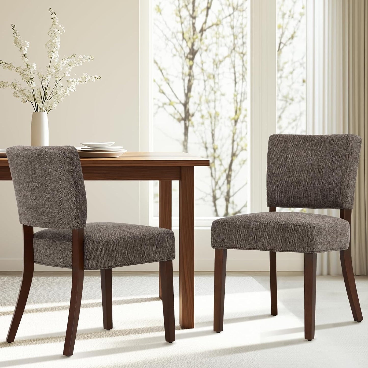 COLAMY Mid Century Modern Dining Chairs Set of 2, Upholstered Kitchen Chairs with Back, Farmhouse Fabric Side Dining Room Chairs with Wood Legs for Dining Room Kitchen Restaurant, Brown