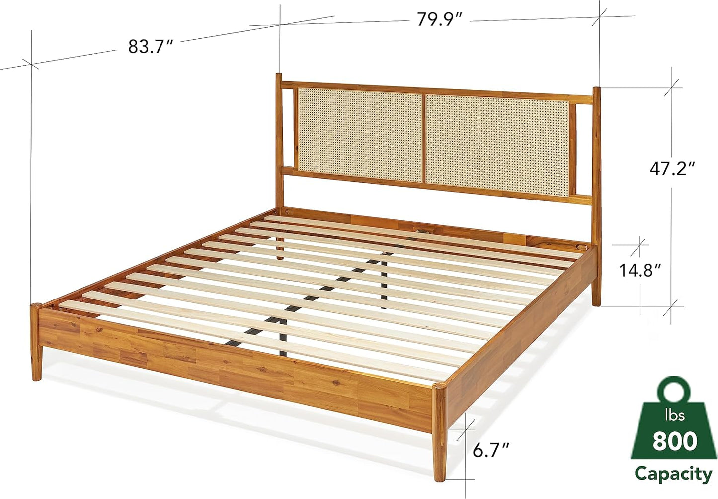 Bme Oliver King Bed Frame and Headboard - 15-Inch Signature Design with Rattan Headboard, Bohemian and Mid Century Style, 12-Slat Wood Support, No Box Spring Needed - Easy Assembly, Caramel