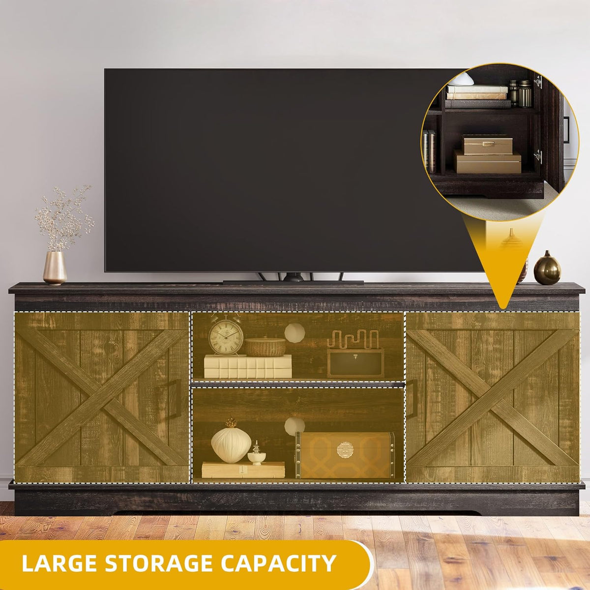 DWVO Farmhouse TV Stands for Living Room, Entertainment Center with Storage, TV Stand for 65 Inch TV with Double Barn Doors & Storage Cabinets, Rustic TV Cabinet Media Console, Dark Oak