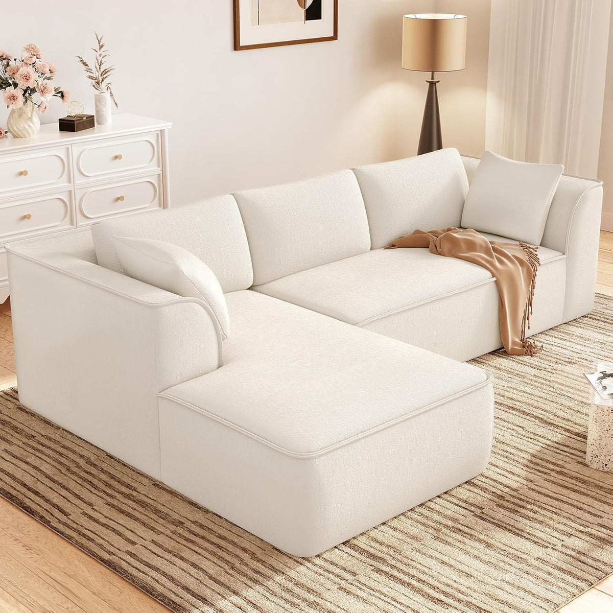 Vesgantti 106" Cloud Couch Sectional Modular Sofa, Deep Seat Comfy Cloud Couch Chenille Memory Foam Sofa Modular Couches for Living Room Bedroom, No Assembly Required (Beige, Left-Facing Chaise)