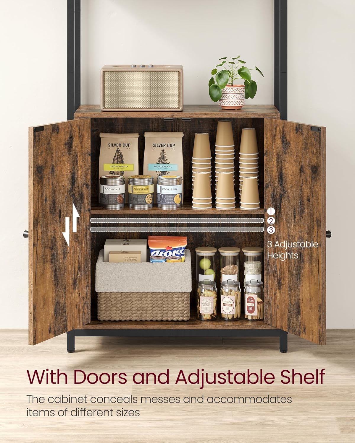 VASAGLE 6-Tier Bookshelf, Tall Bookcase with Cabinet, Steel Frame, Adjustable Shelves, 9.4 x 23.6 x 62.8 Inches, Living Room Bedroom, Rustic Brown and Ink Black ULLS133K01