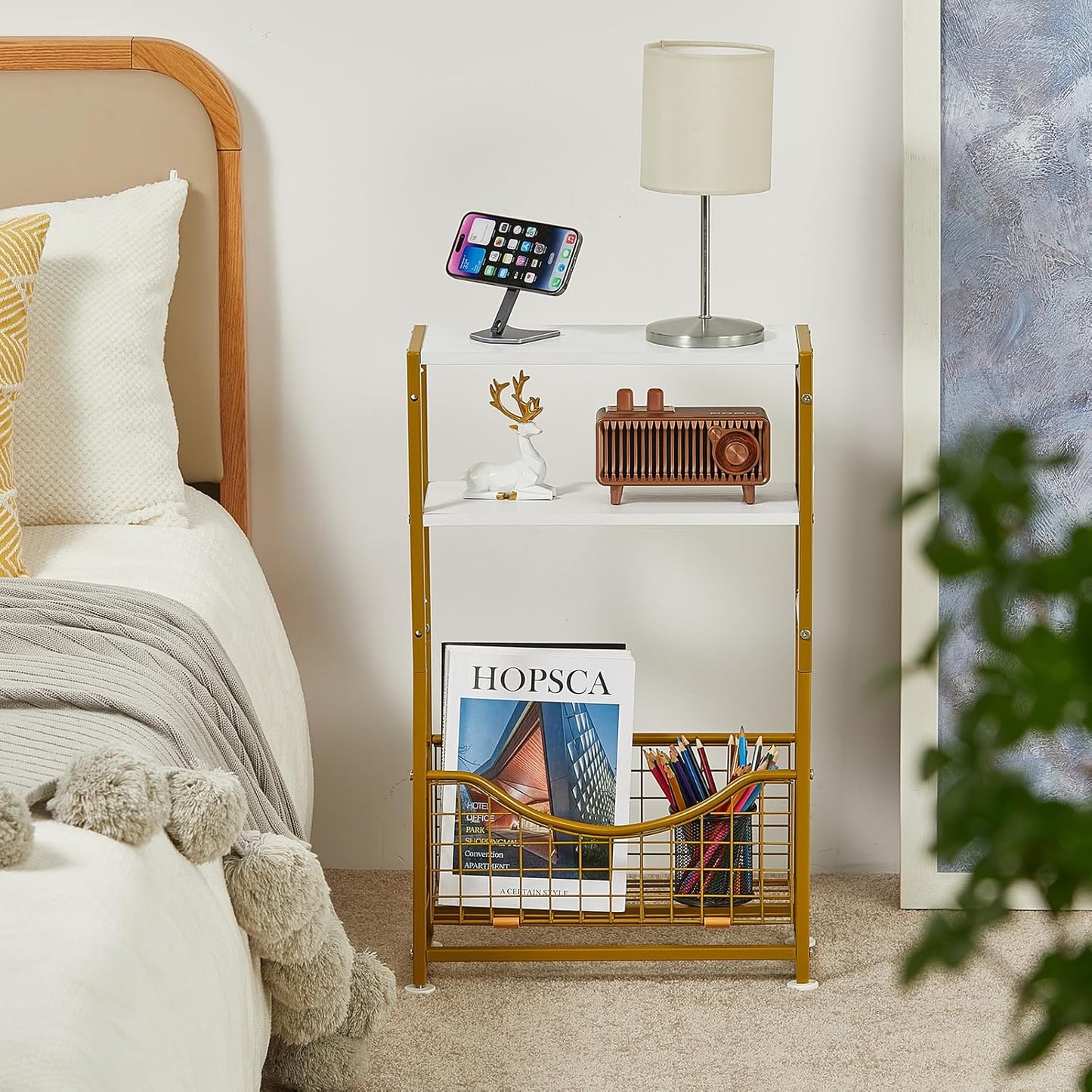 Narrow Side Table, Skinny Small End Tables with Magazine Holder, 3 Tier Small Sofa Side Table for Smalls Spaces, Sofa Couch Tables Bedside Table for Living Room Bedroom Office