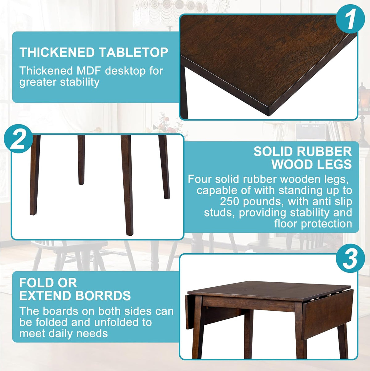 29"- 45" Extendable Dining Table for 2-4, Folding Square Dinner Table Small Kitchen Dining Room Tables with Wood Legs for Small Space, Kitchen, Living Room, Dark Brown