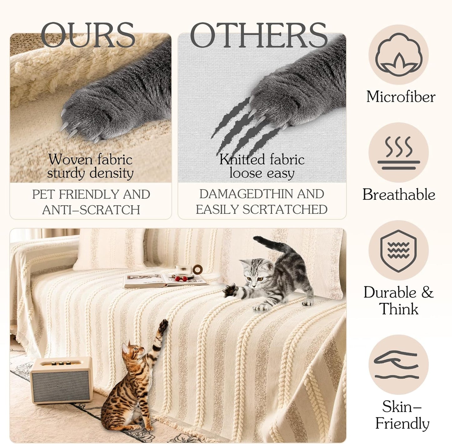 Couch Cover for Dogs Washable Sofa Cover, Sectional Couch Covers, Sofa Covers for 2 Cushion Couch, Non Slip Stripe Sofa Slipcovers Furniture Protector, Couch Protector from Cat Claws, Beige,75''x150''