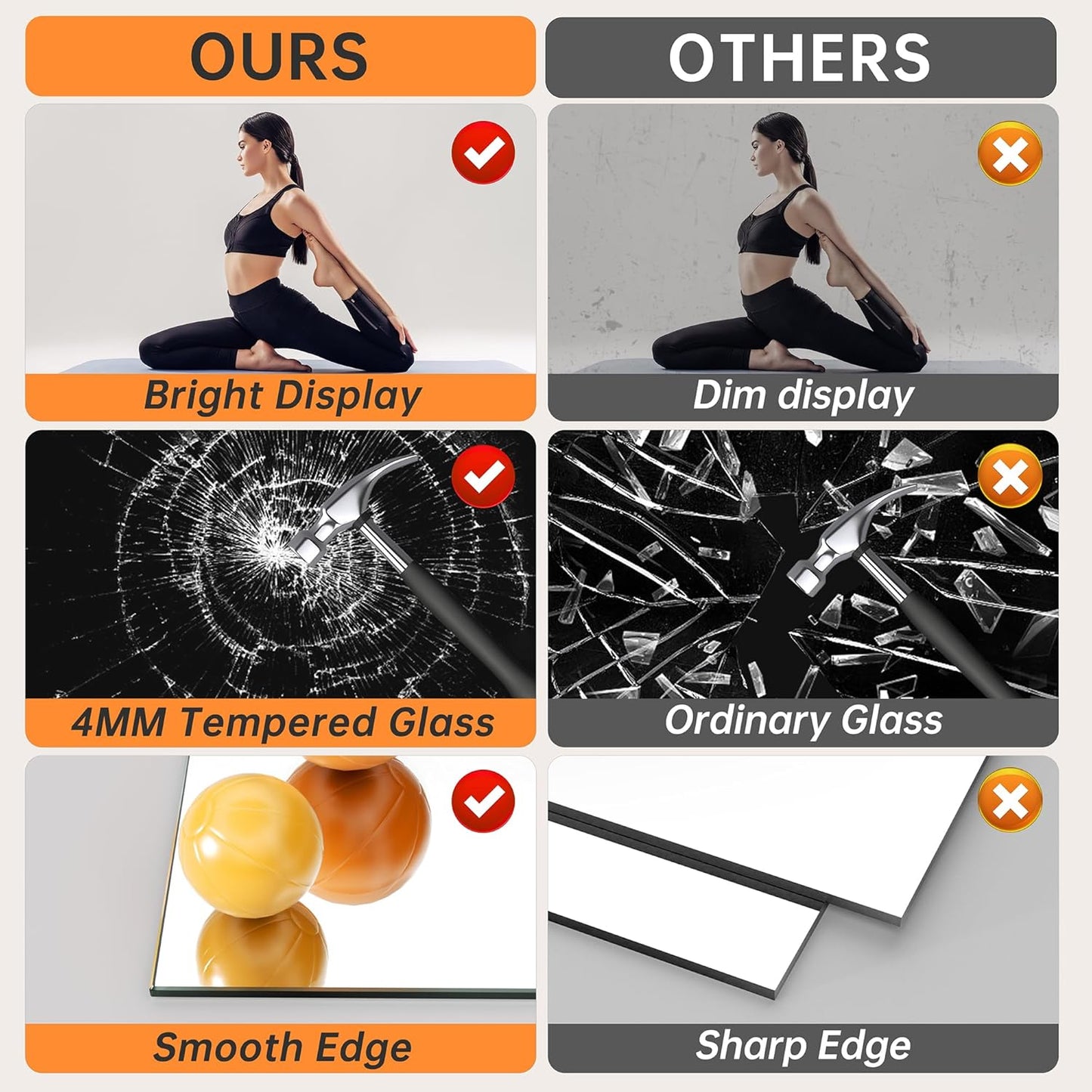 Hasipu 3 Pcs 48''x24'' Home Gym Mirror Large Full Length Wall Mounted Full Body Mirror for Yoga Dance Fitness Exercise Studio Bedroom Garage, Frameless Tempered Glass Workout Mirrors Black Rectangular