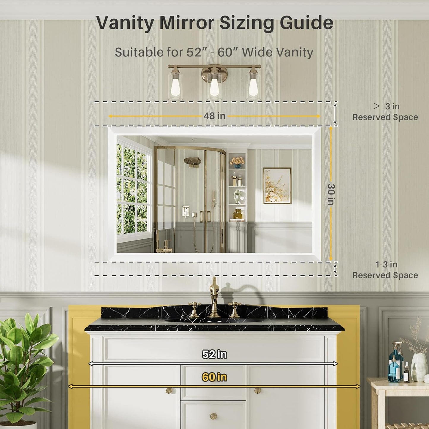48x30 Inch White Bathroom Mirror for Wall, Thick Metal Framed Rectangle Mirrors for Over Sink, Bedroom, Living Room, Entryway, Anti-Rust, HD Tempered Glass