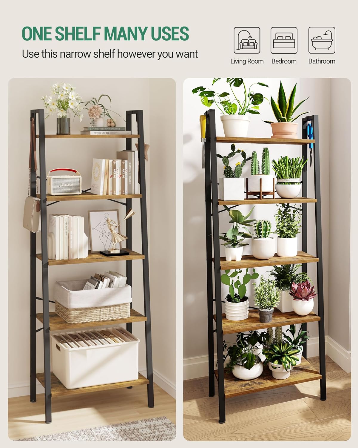 Ladder Shelf, Bookshelf Bookcase, Freestanding Corner Storage Shelve with 2 Hooks for Home Office, Living Room, Kitchen, Bedroom, Industrial, 5-Tier Rustic Brown BC19301B