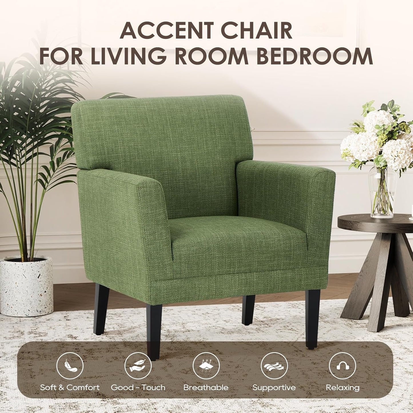 COLAMY Modern Accent Chair for Living Room, Upholstered Fabric Accent Armchair with Back, Soft Single Sofa Chair with Arms for Bedroom/Office/Reception Room, Green