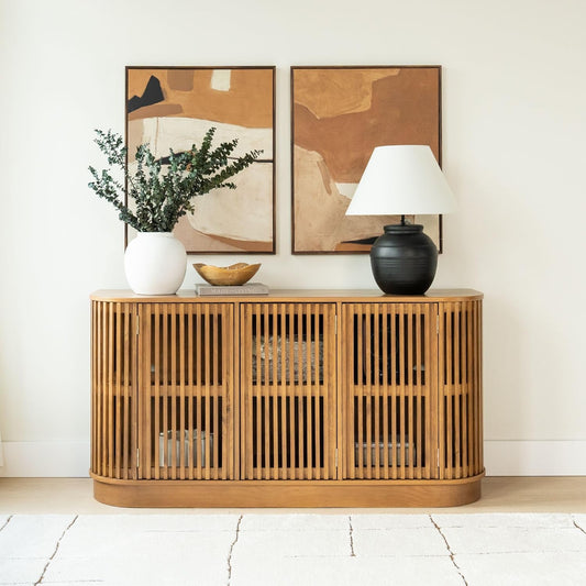 Plank+Beam Contour Wood TV Stand, Three Door Solid Wood Entertainment Console with Storage, 59" L x 16" W x 30" H, Pecan