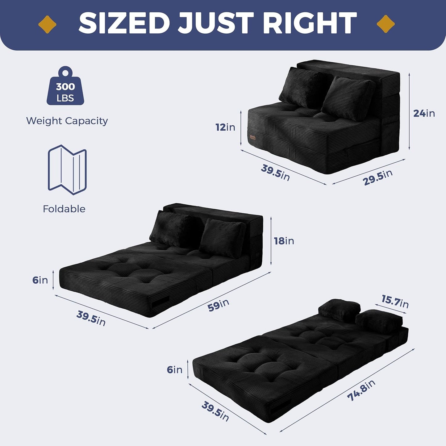 MAXYOYO Convertible Sofa Bed, Fold Out Loveseat Sleeper Sofa with Pillow, 4 in 1 Tufted Folding Couch Bed Foam Floor Couch, Lazy Chair for Living Room Bedroom Guest Room, Black